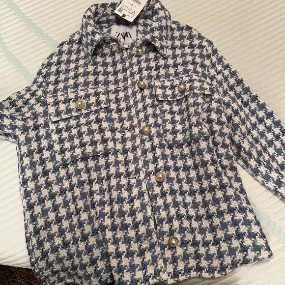 Zara Blue White Houndstooth Tweed Pearl Jewel Button Overshirt Shacket Jacket M - Picture 11 of 11
